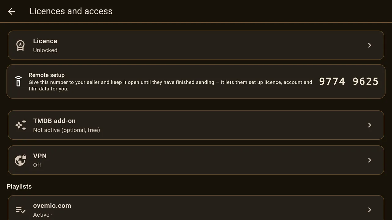Licence, remote setup, TMDB, VPN and your lists.
