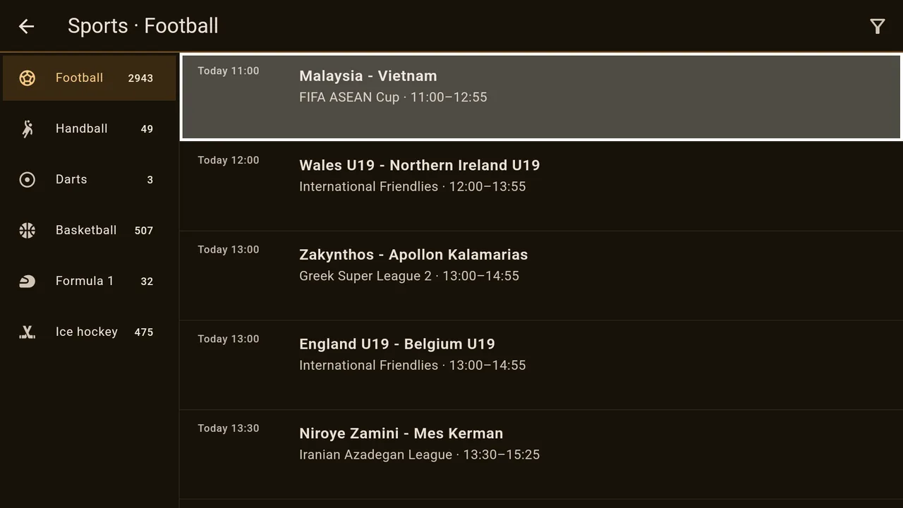 On the left the sports, on the right the matches with score and channel.