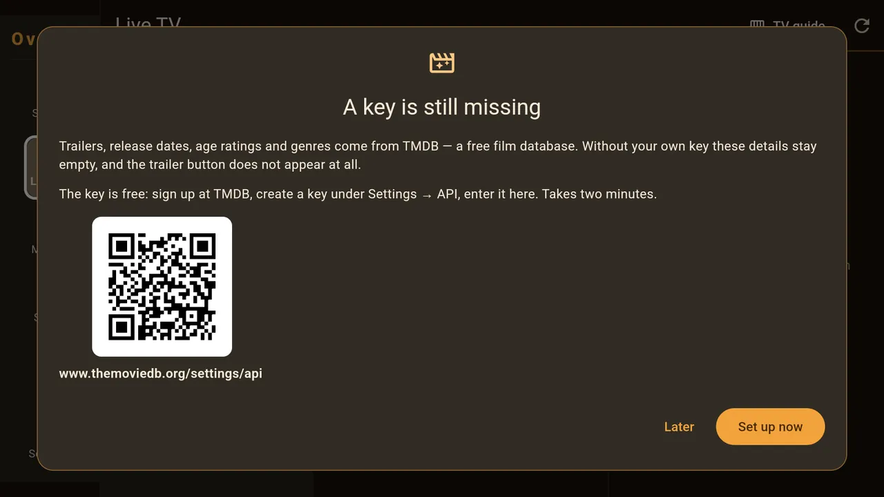 “Later” closes the notice, “Set up now” takes you to where you enter the key.
