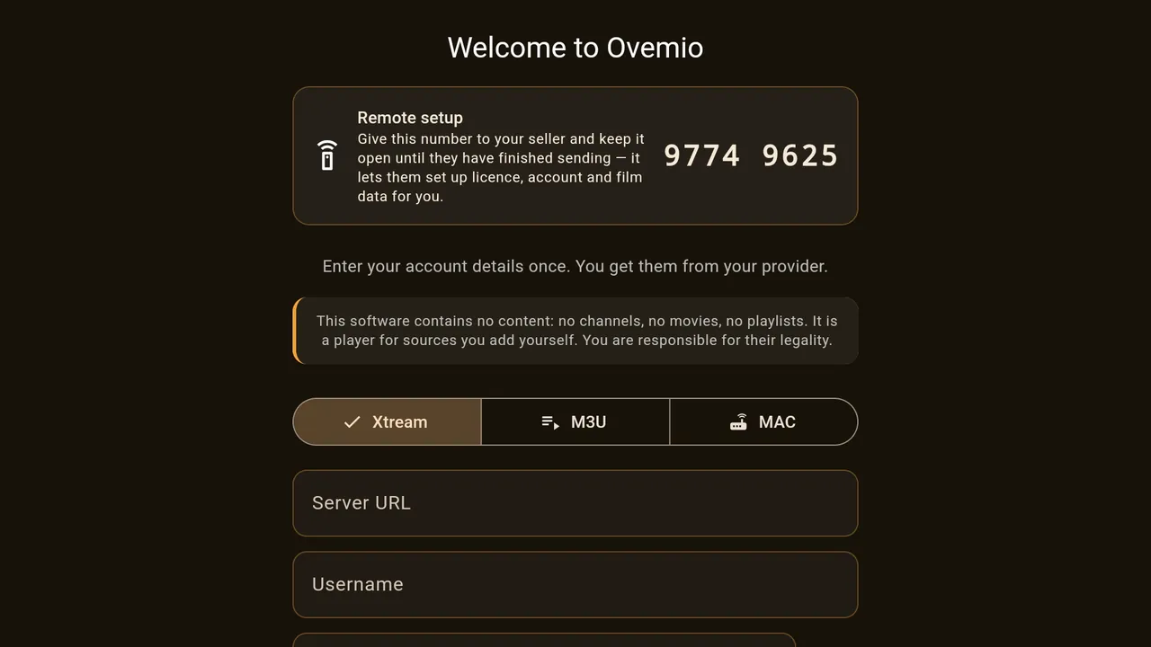 Xtream: server URL, username, password.